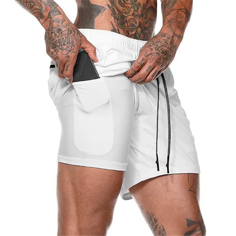 Men's Fitness Shorts Mens 2 in 1 Gyms Shorts Male double-deck Quick Drying Security Pocket Gym Shorts Jogging Shorts Men