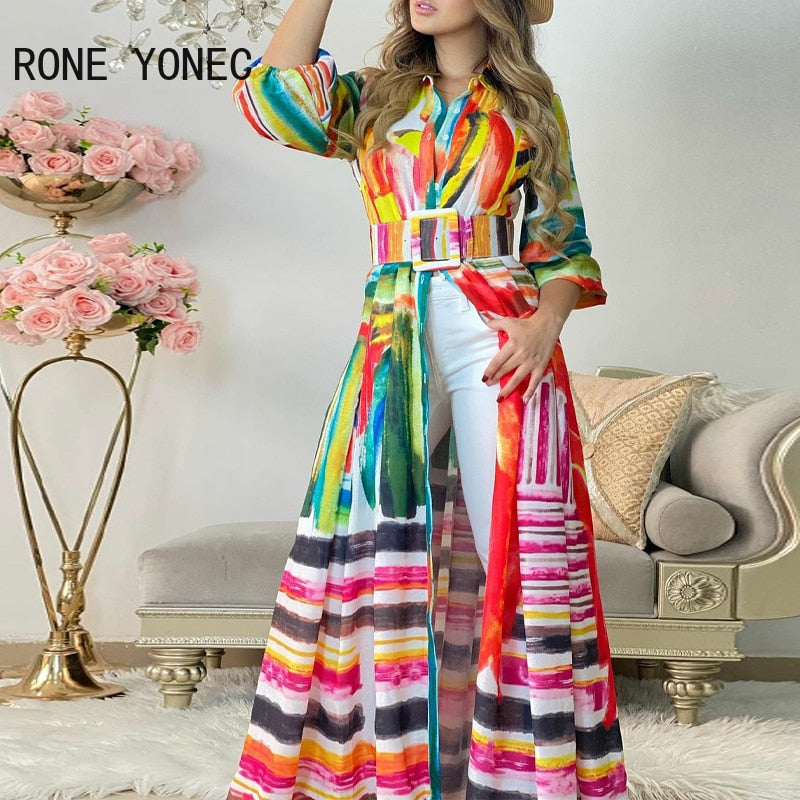 Women Elegant Tie dye Lantern Sleeves Sashes Maxi Colorful Dresses Tops