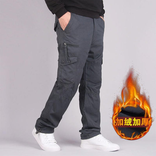 2023 Men's Fleece Cargo Pants Winter Thick Warm Pants Multi Pocket Casual Military Baggy Tactical Trousers Plus Size Full Length