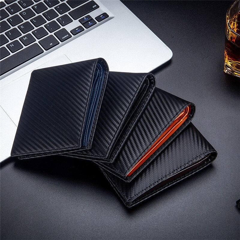 Carbon Fiber Man Short Wallet Japan Style Genuine Leather Men's Wallet Driver License Microfiber Slim Bank Credit Card Holder