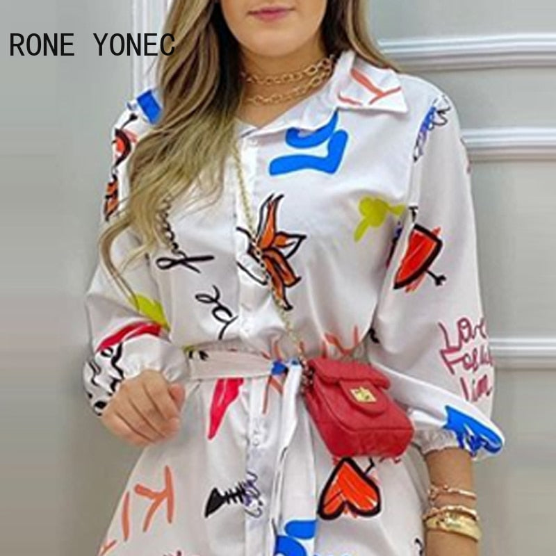 Women Casual waistband Puff sleeves All Over Print with letter Mini Dress