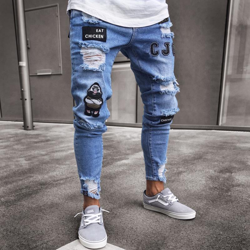 2022 Men Stylish Ripped Jeans Pants Biker Slim Straight Hip Hop Frayed Denim Trousers New Fashion Skinny Jeans Men European Size