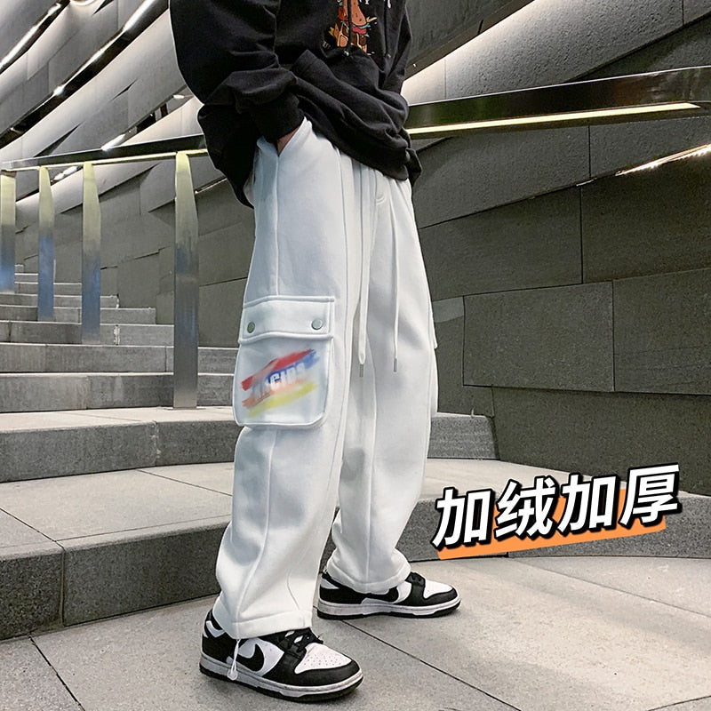 LINHUA Men&#39;s Fashion Fleece Wide Leg Pants Streetwear Hip-hop Casual Sweatpants Print Pocket Cargo Pants Men Drawstring Trousers