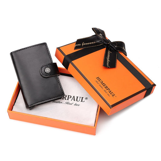 HUMERPAUL Genuine Leather Card Holder with Money Clip RFID Blocking Pop Up Smart Wallets Aluminum Men Travel Porte Carte