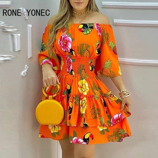 Women Tropical Print Off Shoulder Casual Dress Vacation Dress 2021