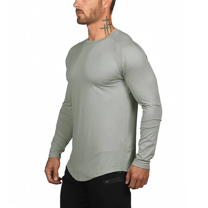 New brand gyms clothing Mesh solid long sleeve t shirt men slim fit fitness High stretch o neck Quick dry Bodybuilding t-shirt