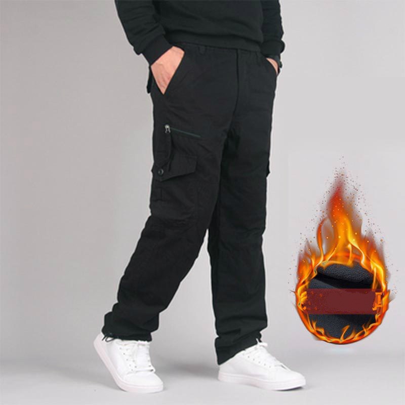 2023 Men's Fleece Cargo Pants Winter Thick Warm Pants Multi Pocket Casual Military Baggy Tactical Trousers Plus Size Full Length