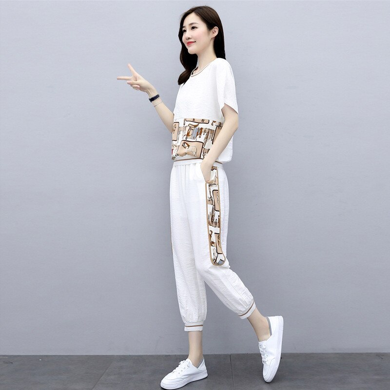 Fashion Summer Women Sets Casual Female Sportswear Suit Printed Short Sleeve Tshirts+ Pants Two-piece Set Large Size