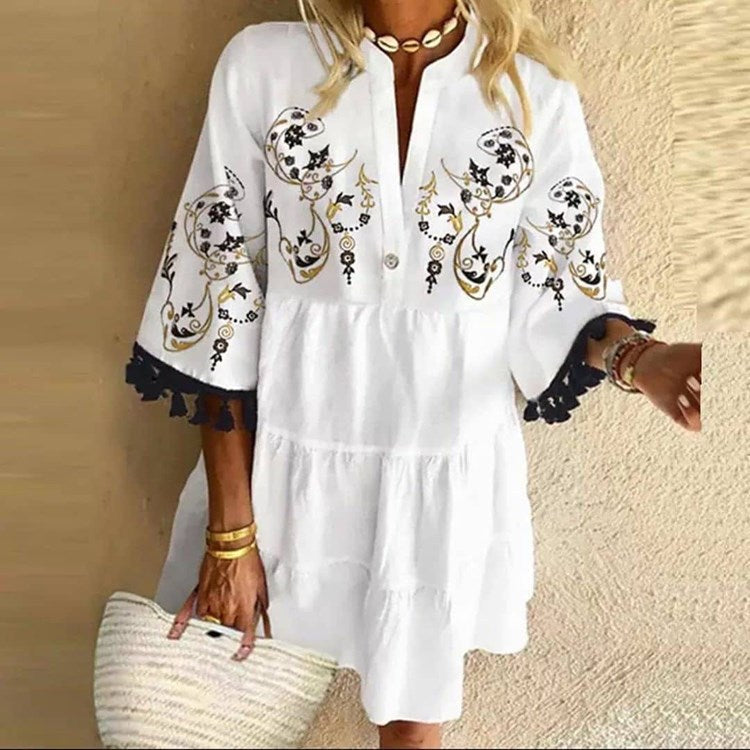 2021 Summer New Style Hot Sale Women Dress Fashion Casual Loose Playful Temperament Printed Fringed V-neck Short Ladies Dress