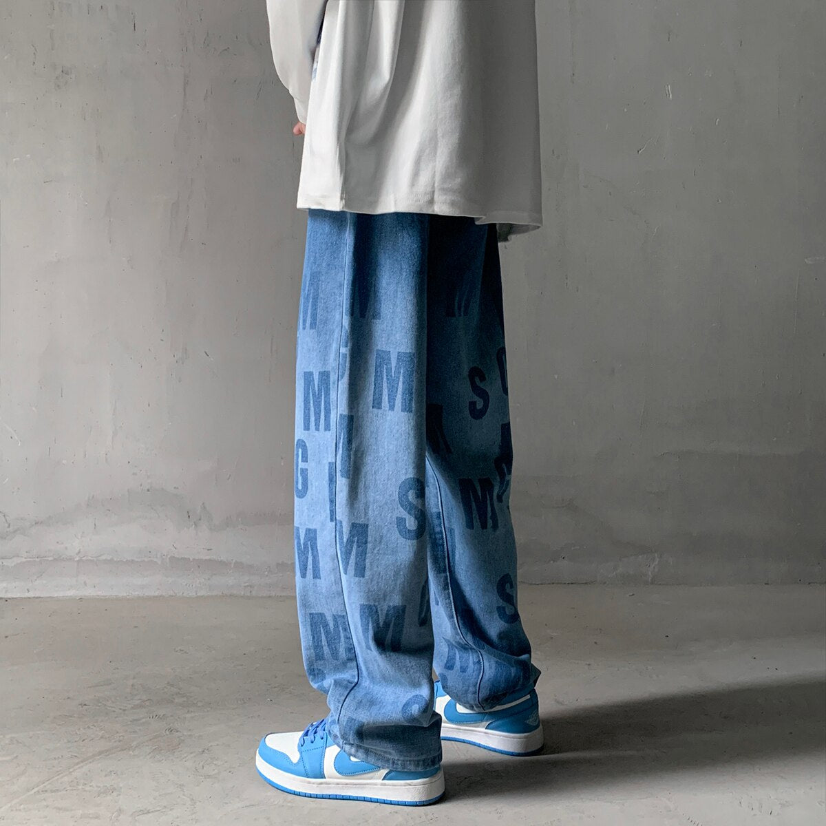 Black/Blue Men Streetwear Casual Letter Printed Jeans Autumn New Loose Straight Denim Pants Harajuku Male Jean Pants Trousers