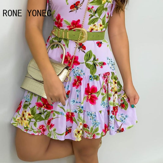 Women Elegant Dress Striped Floral Print Spaghetti Strap Ruffles Casual Dress