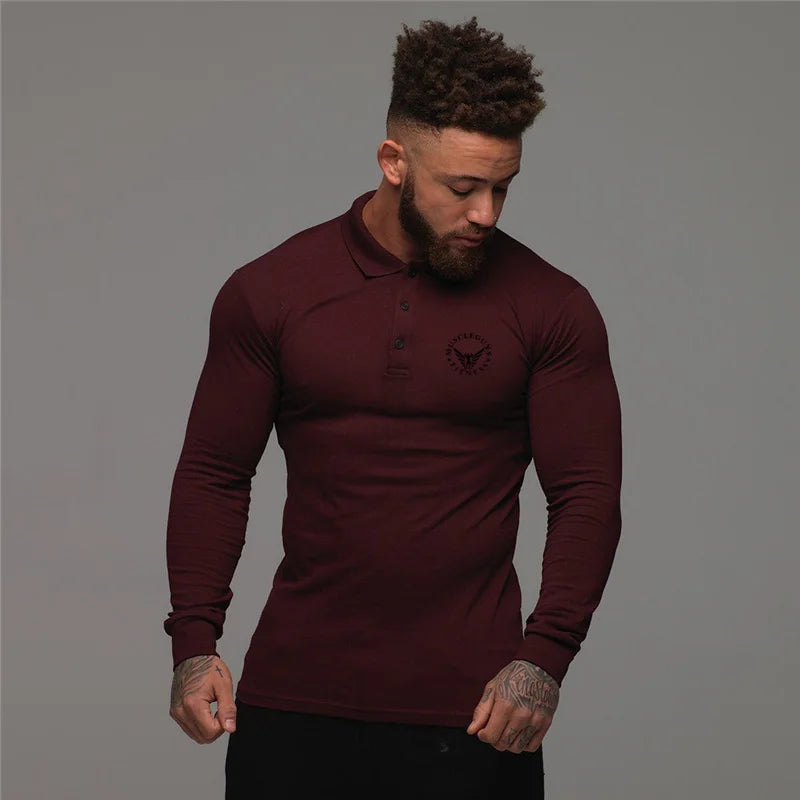 Muscleguys Autumn Fashion Polo Shirt Men Long Sleeve Slim Fit Turn Colla Poloshirt Casual Mens Gym Sportswear Polo T Shirt