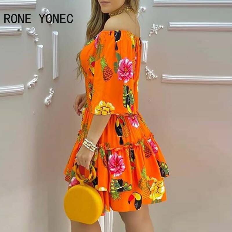 Women Tropical Print Off Shoulder Casual Dress Vacation Dress 2021