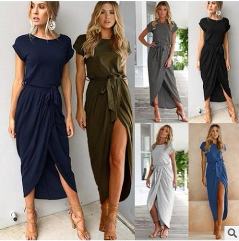 Solid Color Reverse-sleeved Flat Short-sleeve Summer Dress Women O-neck Irregular Split Hem Belt Office Lady Female Long Dresses