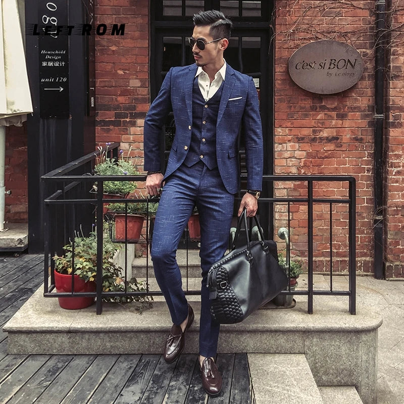 ( Jacket + Vest + Pants ) Fashion Boutique Mens Plaid Formal Business Suit 3 Piece Set Men's High-end Casual Suits Wedding Dress