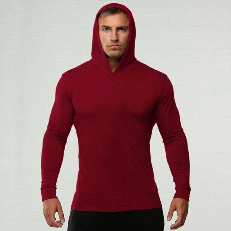 Brand Gym Clothing Solid Color Long Sleeve Slim Hooded T Shirt Men Cotton Tee Shirt Bodybuilding and Fitness Sportwear TShirt