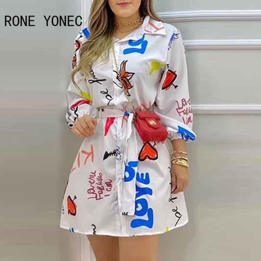 Women Casual waistband Puff sleeves All Over Print with letter Mini Dress