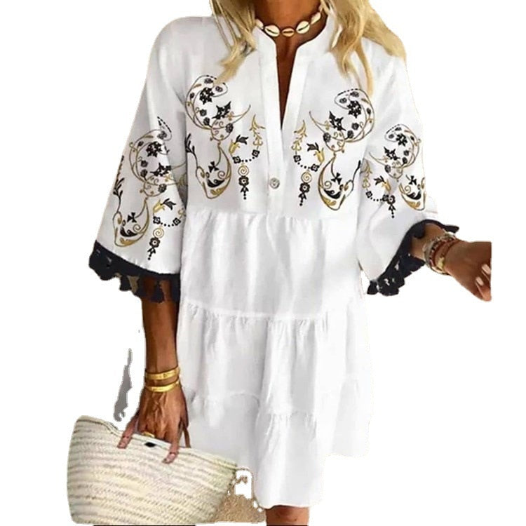 2021 Summer New Style Hot Sale Women Dress Fashion Casual Loose Playful Temperament Printed Fringed V-neck Short Ladies Dress