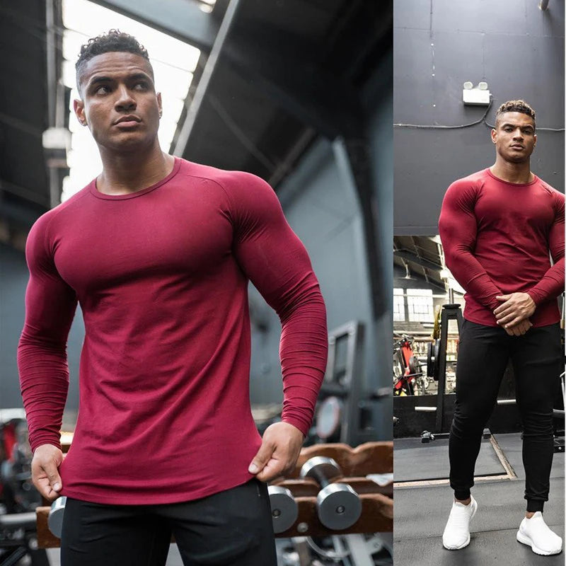 Spring Autumn Mens Cotton Long Sleeve T-shirt Men Bodybuilding Tee Shirts Fashion T Shirt For Man Casual Sportswear Gym Clothing