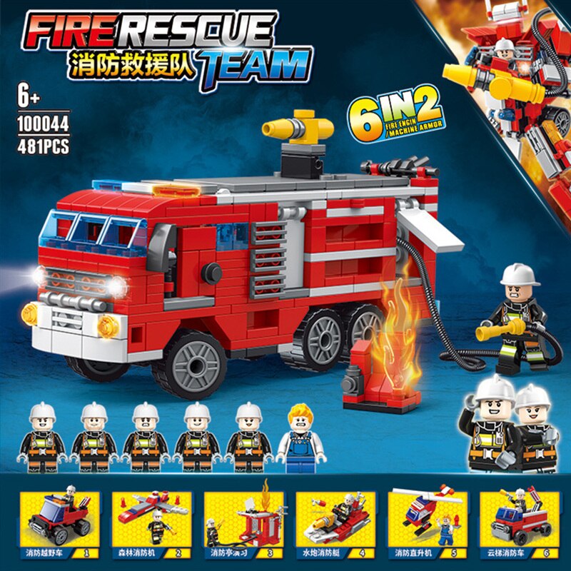 Fire rescue team series 6 in1 Car robot assembling Building Blocks Bricks For Kid Gifts Model Toys Assembled