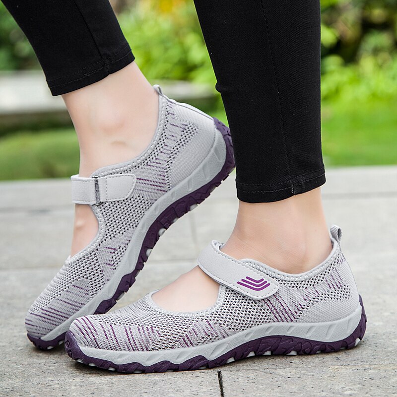 2021 spring and summer breathable mesh casual shoes ladies sneakers solid color hook and loop sneakers ladies shoes flat shoes