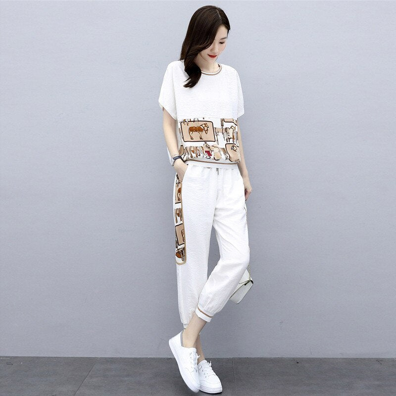 Fashion Summer Women Sets Casual Female Sportswear Suit Printed Short Sleeve Tshirts+ Pants Two-piece Set Large Size