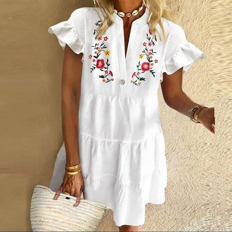 2021 Summer New Style Hot Sale Women Dress Fashion Casual Loose Playful Temperament Printed Fringed V-neck Short Ladies Dress