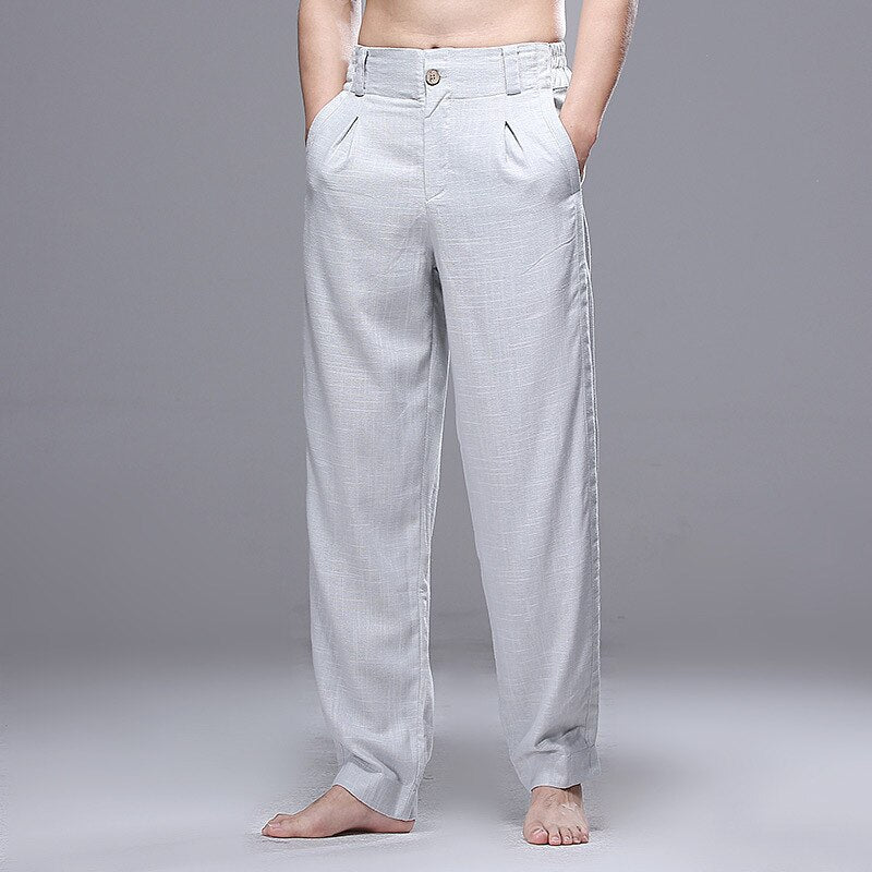 New Men Pants Summer Lightweight Breathable Cotton Linen Casual Pants Mens Solid Straight Harem Pants Fashion Loose Trousers Men