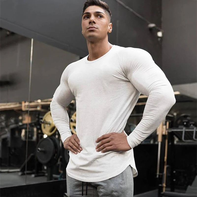 Spring Solid Fitness Long Sleeve T Shirt Men Autumn Cotton Slim Fit Sports T-Shirt Man O-neck Tee Shirt Gym Bodybuilding Tshirt