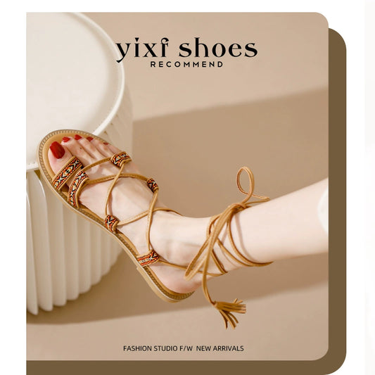 Roman Thin String Combination Flats Sandals Women's Outer Wear Bohemian Style plus Size 4142 Strap 2023 New