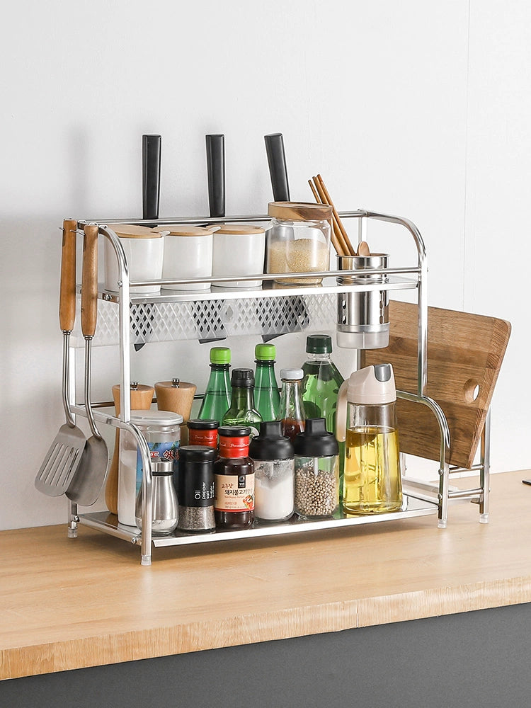 Kitchen Storage Rack Floor Stainless Steel Seasoning Rack Seasoning Rack Knife Rack Oil Salt Soy Sauce and Vinegar Bottle Shelf Stove Storage Rack