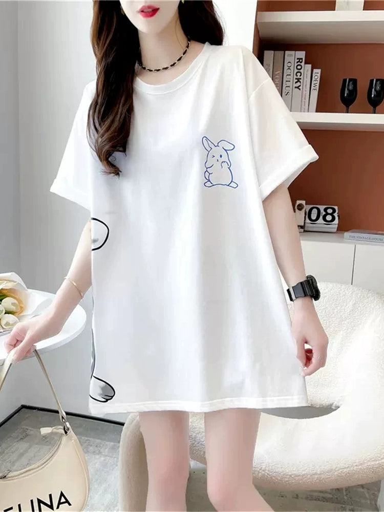 Pure Cotton Short-Sleeved T-shirt High Street Mid Length Long Length All-Match Loose T-shirt European Goods Large Version Cartoon Rabbit Top Trendy Women