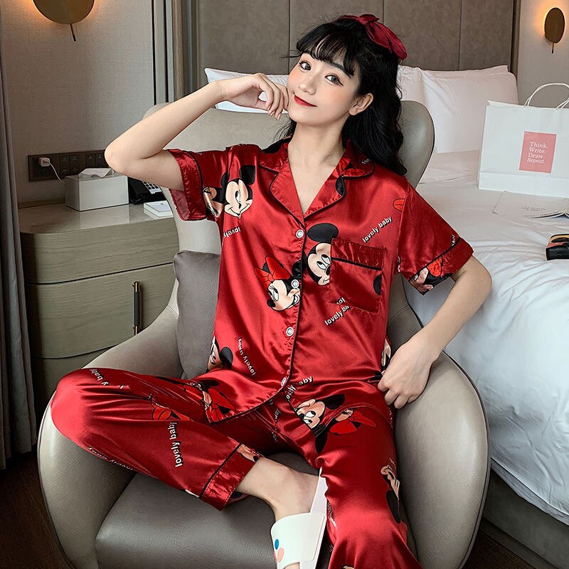 Pajamas Women Summer Thin Section V-neck Imitation Silk Ice Silk Short-sleeved Sleepwear Ladies Home Service 2-piece Pajamas