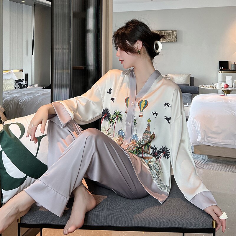 QSROCIO NEW Women's Pajamas Set Luxury Fashion Paint Print Sleepwear Silk Like Homewear V Neck Nightwear New пижама женская