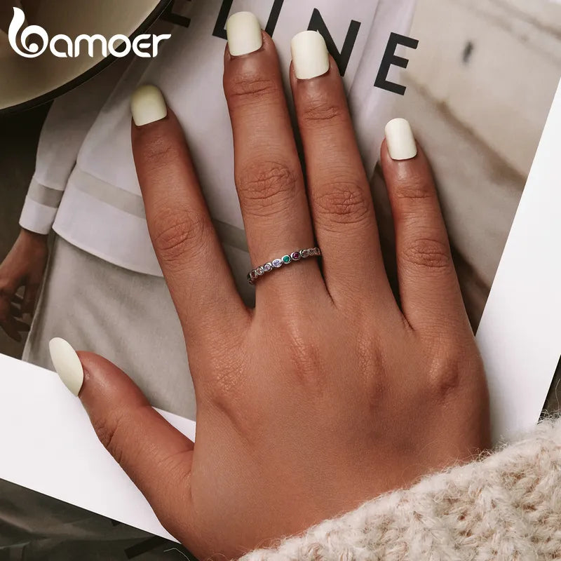 bamoer 925 Sterling Silver Multicolor Zircon Finger Ring for Women Trendy Fashion Dazzling CZ Stone Anillos Jewelry Gift