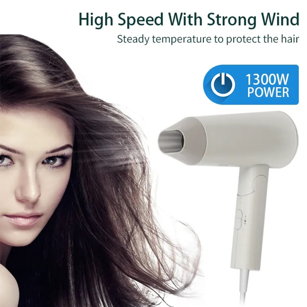 Foldable Handle Hair Dryer Strong Wind Powerful Blower Hot and Cold Wind 1300W Blowdryer Low Radiation for Travel Hotel 3 Gears