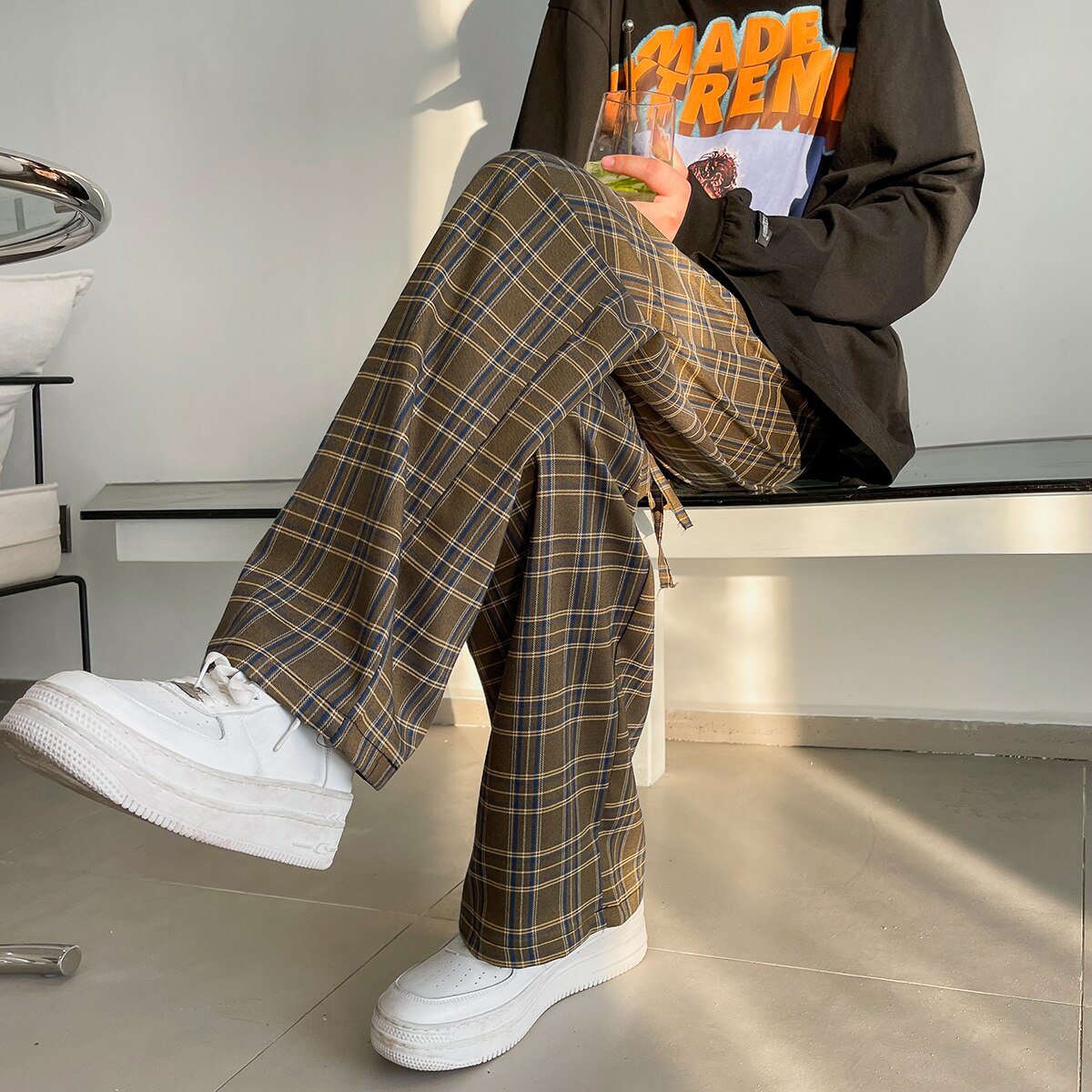 Summer Plaid Pants Men Fashion Loose Hip Hop Casual Trousers Korean Male Mopping Pants All-match Comfortable Joggers Streerwear