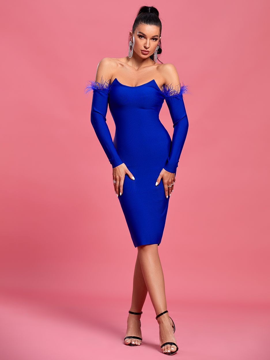 Feather Bandage Dress Women Blue Party Dress Bodycon Elegant Sexy Off Shoulder Long Sleeve Evening Birthday Club Outfit 2023