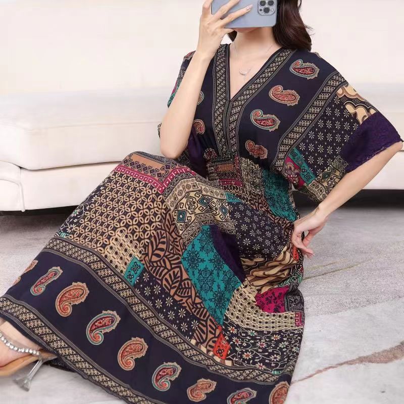 Casual Elegant Retro Style V-neck Tunic Large Swing Printed Dress Long Skirt