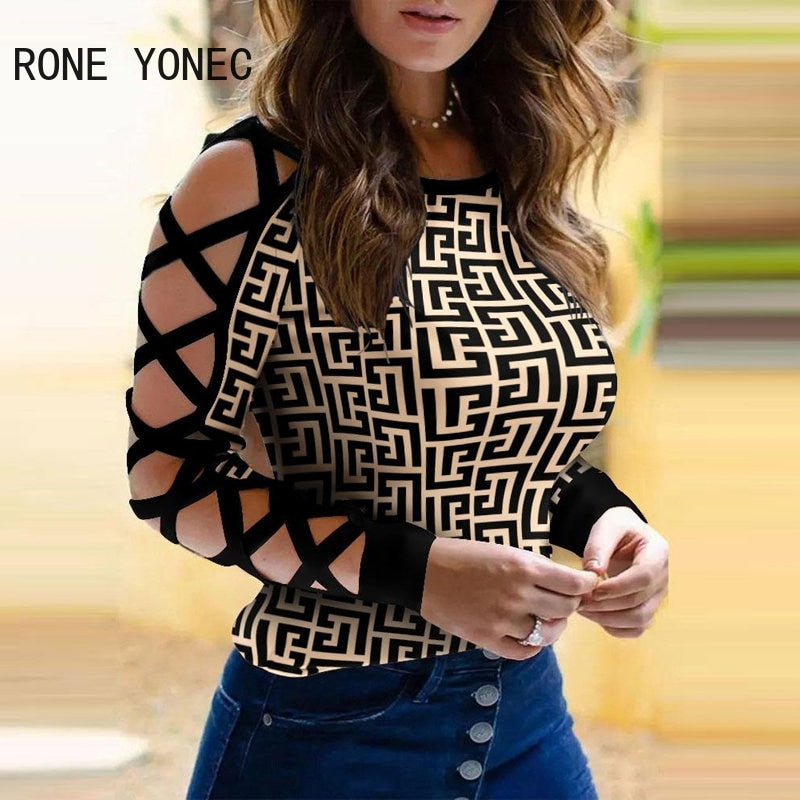 Women Chic Geo Print Fashion Long Sleeves Criss Cross Hollow Out Basic Skinny Blouse Tops