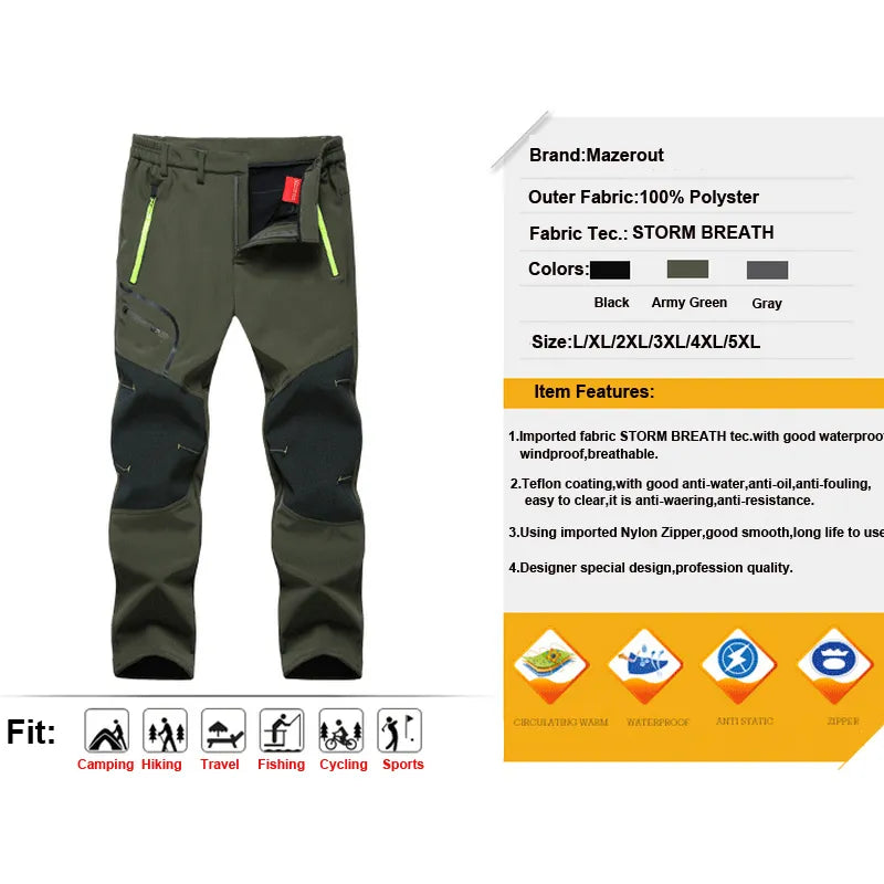 Men Oversized Winter Softshell Winter Outdoor Pants Trekking Fishing Camping Climbing Hiking Ski Warm Travel Trousers Free Ship