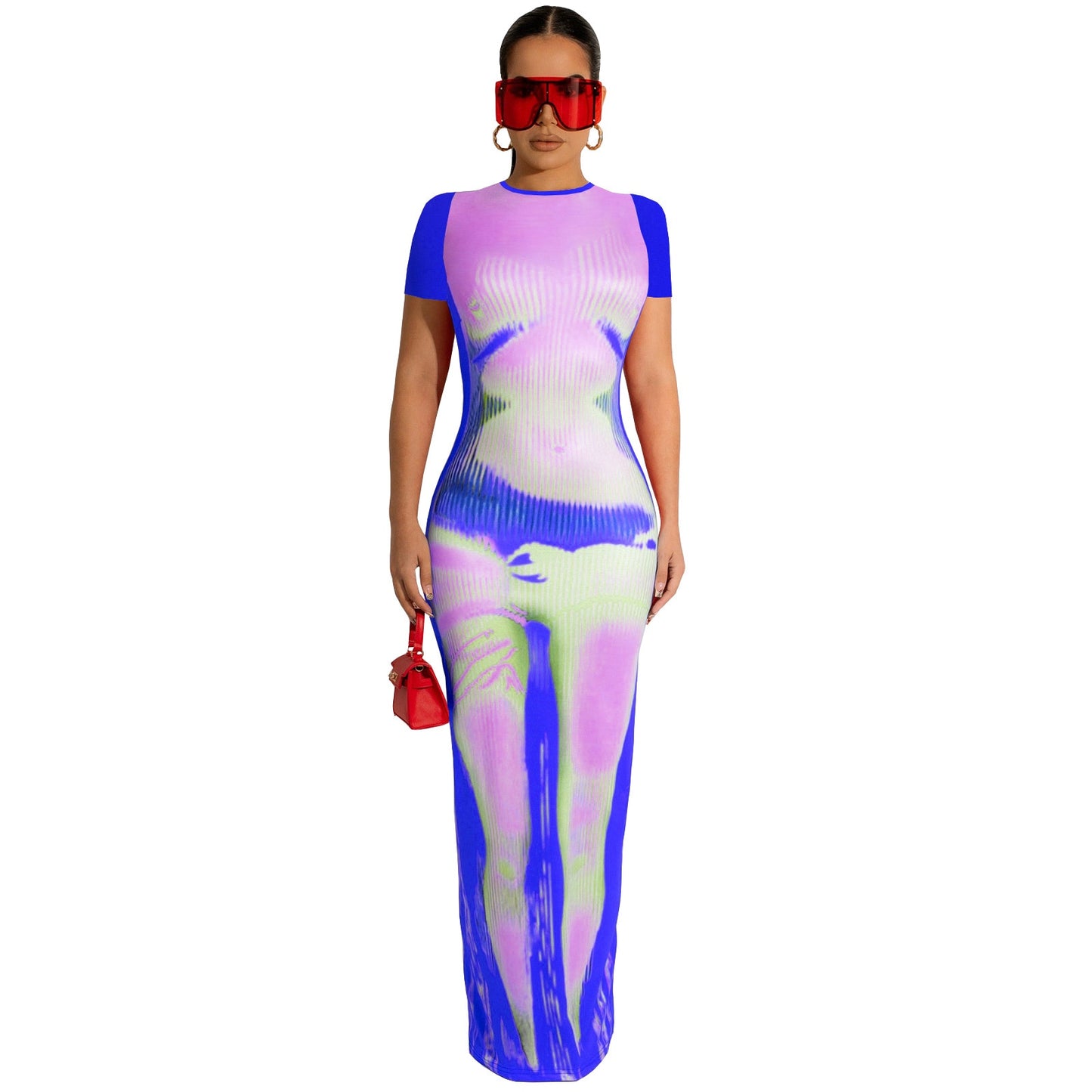 CM.YAYA Women 3D Printed Short Sleeve O-neck Bodycon Midi Maxi Dress for 2022 Summer Sexy Night Party Clubwear Long Dresses