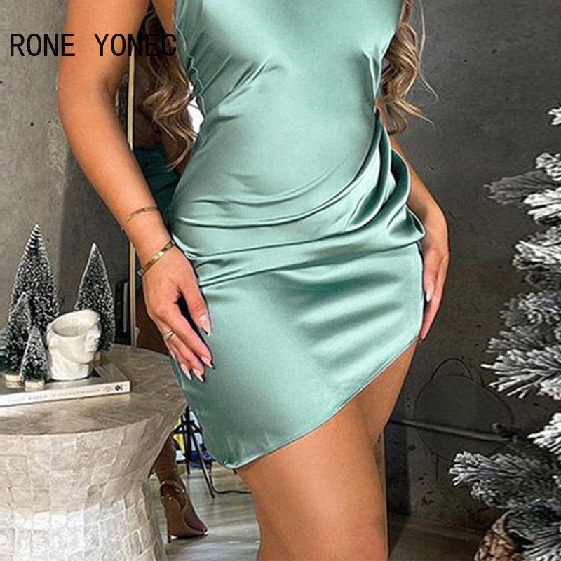 Women Solid Sexy Halter Sleeveless Mini Sexy Satin Backless Party Dresses