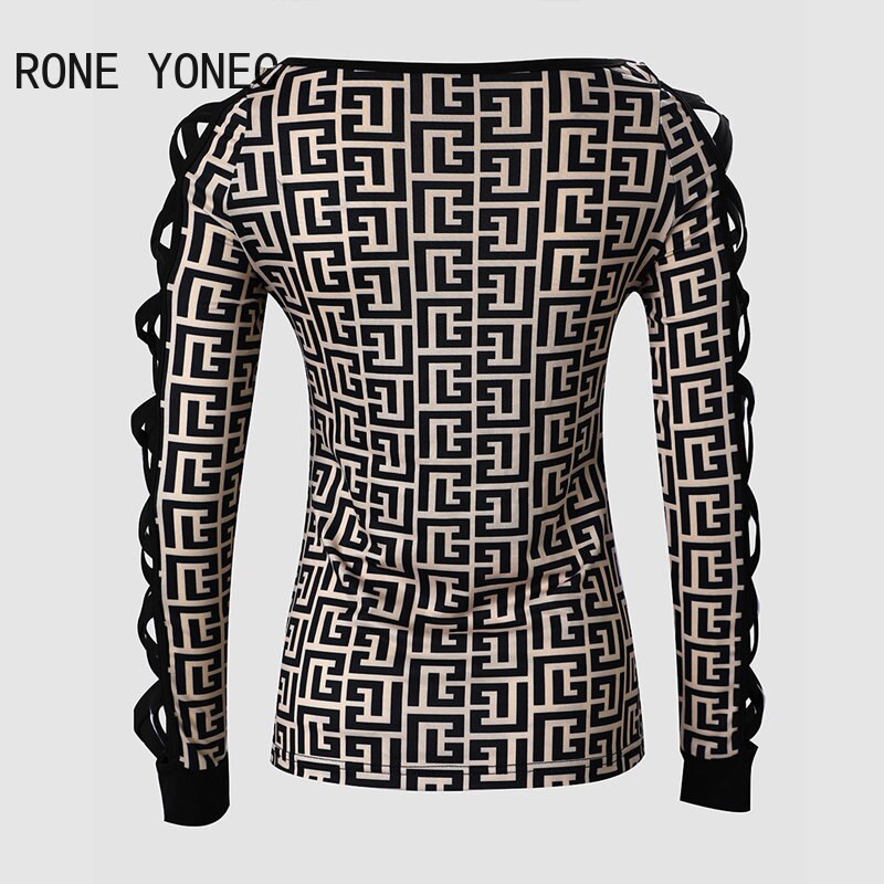 Women Chic Geo Print Fashion Long Sleeves Criss Cross Hollow Out Basic Skinny Blouse Tops