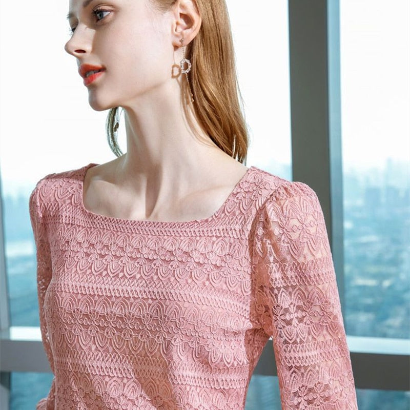 Sweet Elegant Casual Lace Clothes for Woman 2023 Summer Autumn Hollow-out Temperament  Slim Top T-shirt and Blouses Basics Fairy