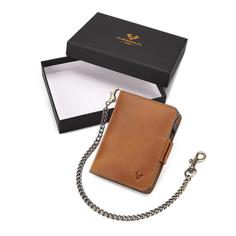 KAVIS Women Wallets Crazy Horse Leather Pop-Up Card Holder RFID Protect Credit Cardholder Ziper Coin Purse with Anti-theft Chain