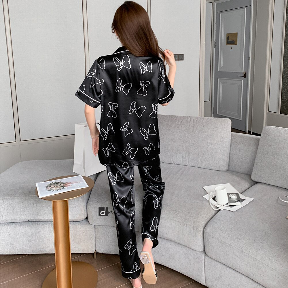 2-piece Set 8XL Oversized Satin Silk Sleepwear Pajamas for Women Summer Short Sleeves Trouser Suits Pijama Lingerie Nightwear