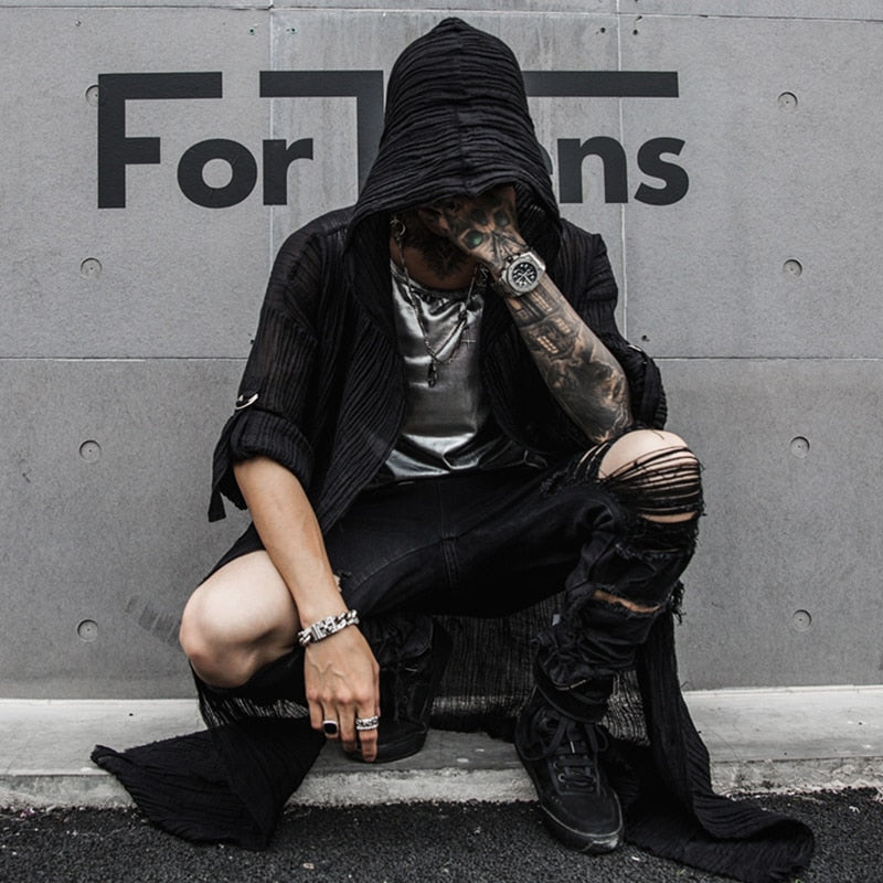 Punk rock hip hop black long shirt hooded cloak cardigan men linen oversize blouse Nightclub DJ singer gothic vintage streetwear