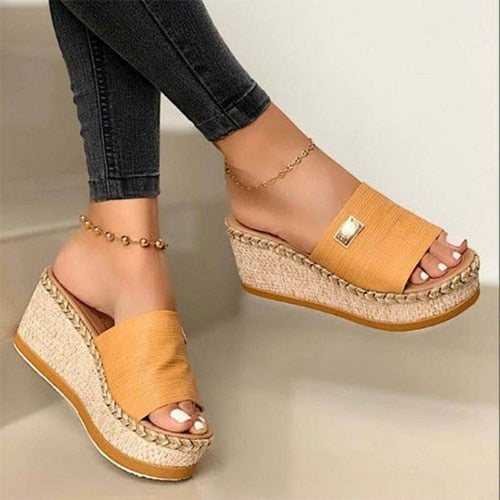 Women Wedges Slippers 2020 Ladies Hemp High Heels Platform Summer Women&#39;s Casual Woman Fashion Denim Female Peep Toe Beach Shoes