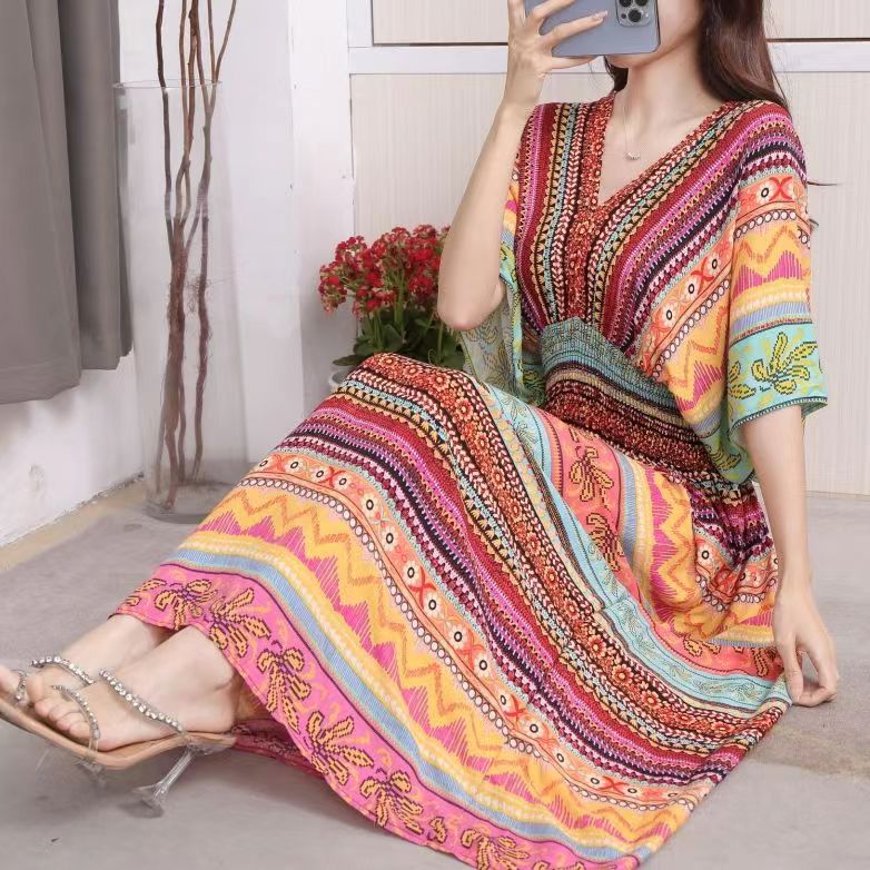 Casual Elegant Retro Style V-neck Tunic Large Swing Printed Dress Long Skirt